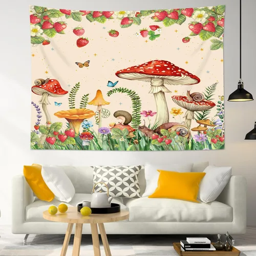 Miniatura 5 de HVEST Tapiz retro rojo de hongos para colgar en la pared, diseño floral rosa con fresa y mariposa en beige, tapiz para dormitorio, flores, plantas