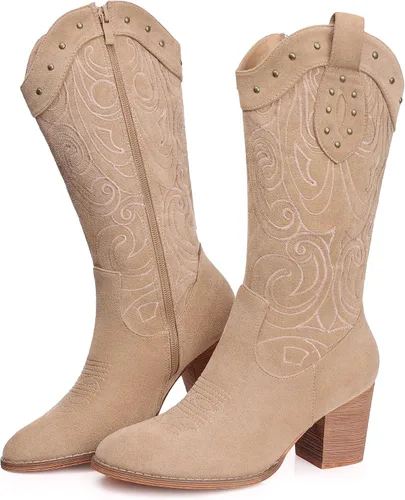 Miniatura 6 de SHIBEVER Botas vaqueras vaqueras para mujer bota de media pantorrilla con punta occidental con tacón grueso bordado de gamuza