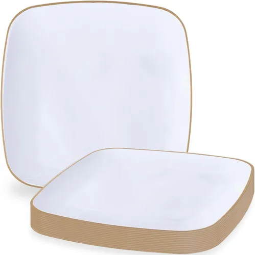 Blue Sky Platos desechables blancos orgánicos de 7.25 pulgadas cuadrados (10 unidades) | Vajilla de plástico con borde dorado para fiestas