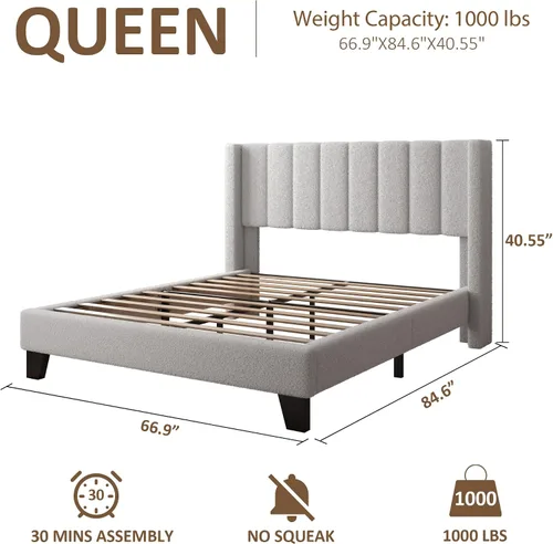 Miniatura 2 de Marco de Cama Queen con Cabecero Tapizado Marco de Cama de Plataforma con Cabecero de Terciopelo Teddy, Soporte de Listones de Madera/Diseño de Gris