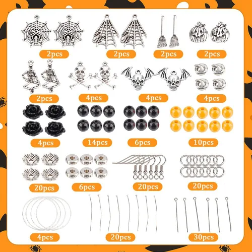 Miniatura 2 de SUNNYCLUE 1 caja de bricolaje para hacer 10 pares de aretes colgantes con temática de Halloween, kits de fabricación de joyas, calavera, calabaza
