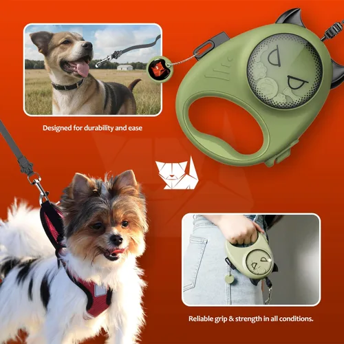 Miniatura 7 de Correa retráctil para perro, cinta de nailon fuerte de 13 pies, bloqueo automático, sin enredos, freno de un toque, agarre cómodo, divertido diseño