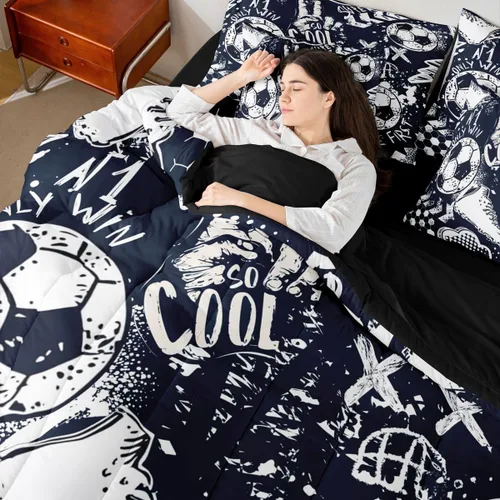 Miniatura 5 de Erosebridal Juego de edredón de tamaño individual para niños, cama de fútbol de 7 piezas en una bolsa, sábanas y fundas de almohada, juego de ropa
