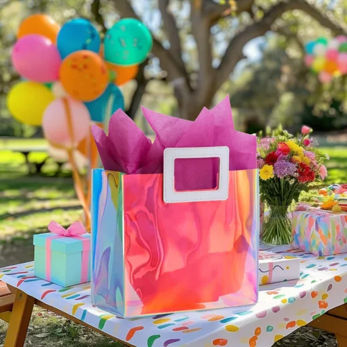 Miniatura 3 de Bolsa de Regalo Holográfica Grande con Papel de Seda Reutilizable, Bolsa de Regalo de Cumpleaños para Mujeres y Niñas, Iridiscente, Despedida de L