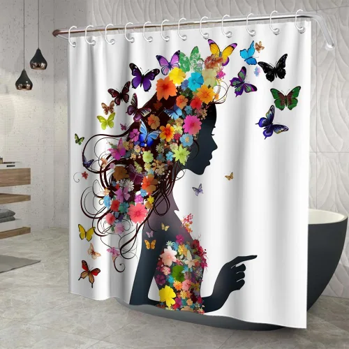 Miniatura 3 de Cortina de ducha de tela para bañeras de baño con diseño floral de mujer, con 12 ganchos, 72 x 72 pulgadas, poliéster, lavable a máquina, rosa