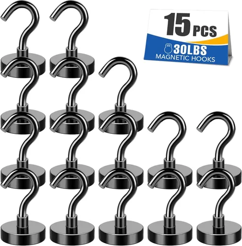 Miniatura 15 de MIKEDE Ganchos magnéticos negros resistentes de 30 libras, imanes fuertes con ganchos de metal para soportes colgantes al aire libre, 6 ganchos