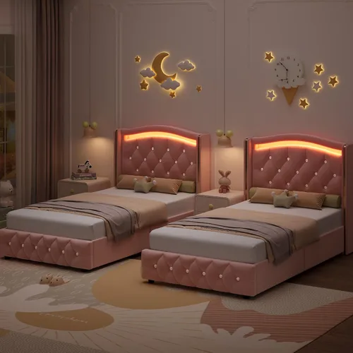 Miniatura 7 de Hifit Base de cama LED, tamaño individual, cabecera capitoné con botones de cristal, 4 cajones, moderna, piel sintética, de princesa, para niñas,