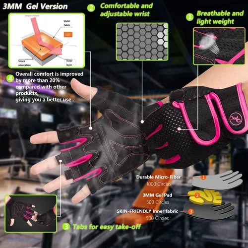 Miniatura 2 de Guantes de entrenamiento MOREOK con acolchado para levantamiento de pesas para hombres/mujeres, [Gel de 3MM] guantes sin dedos de agarre para Rosa