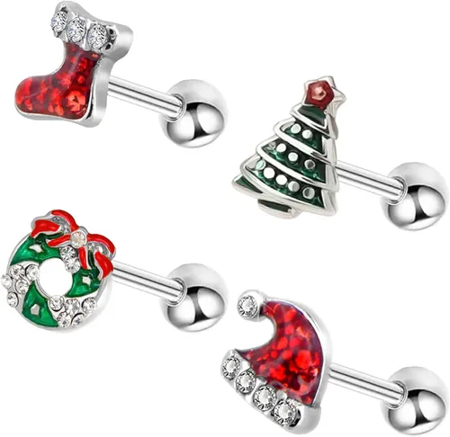 VERAMI 4 aretes de cartílago de 16G 316L de acero inoxidable para árbol de Navidad, corona, sombrero de Navidad, botas, hélix, tragus, concha,