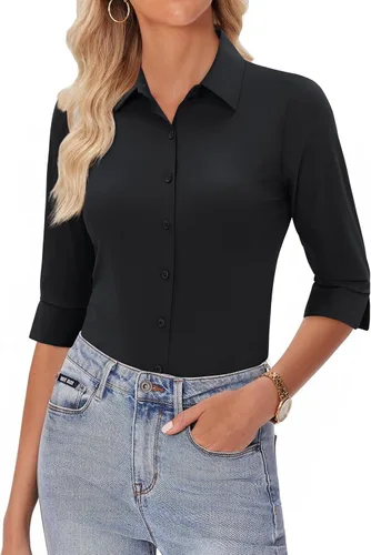 Miniatura 8 de siliteelon Camisas con botones para mujer, manga 3/4, elástica, ajustada, sin arrugas, cuello para negocios, trabajo, tops