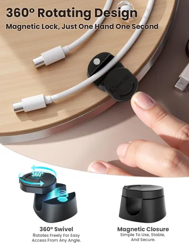 Miniatura 2 de Kanemc Clips de cable para escritorio, organizador magnético de alambre giratorio de 360°, gestión de cables autoadhesivos para escritorios