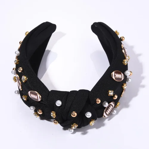 Miniatura 5 de Diadema de fútbol para mamá, accesorios de perlas con diamantes de imitación anudados, banda ancha para el pelo negra, diadema de nudo superior
