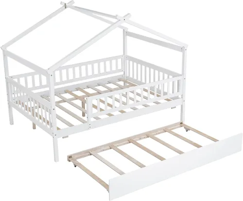 Miniatura 5 de Cama de casa con nido y valla, camas de tamaño matrimonial estilo Montessori con barandillas, marco de cama de madera para niños, niñas, niños