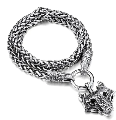 FaithHeart Collar grueso de collar vikingo nórdico punk, de acero inoxidable, nudo celta, cabeza de lobo, amuleto, joyería de regalo
