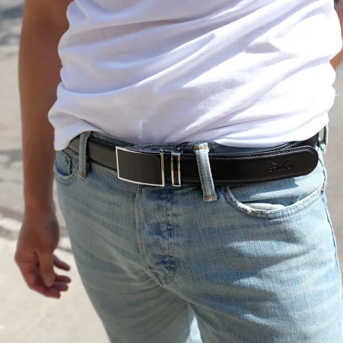 Miniatura 5 de Falari Cinturón de cuero con hebilla de trinquete, diseño automático sin agujeros, tamaño ajustable