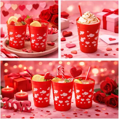 Miniatura 2 de 4E's Novelty Vasos reutilizables de plástico para el día de San Valentín para niños, 8 onzas, paquete de 12, vasos rojos con corazones, suministros