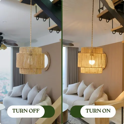 Miniatura 5 de Chi An Home Lámpara colgante de yute bohemio de 11.8 pulgadas con enchufe, lámpara colgante natural tejida a mano con enchufe e interruptor de luz