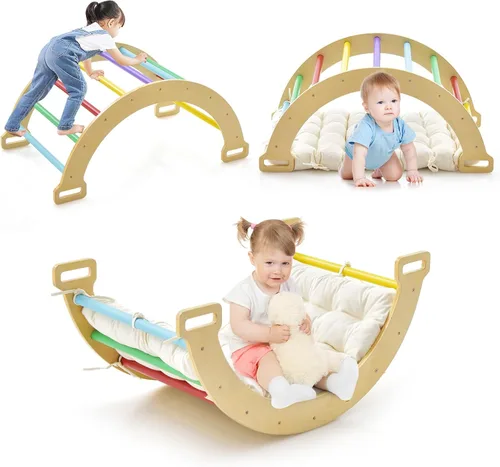 Miniatura 13 de INFANS Balancín de madera para escalar arco con cojín suave, 6 en 1, juguetes Montessori de escalada para niños pequeños, mesa Waldorf