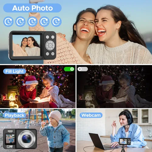 Miniatura 5 de Cámara digital, cámara de doble pantalla 4K 64MP UHD, zoom digital 18X, cámara portátil de apuntar y disparar con tarjeta TF de 32 GB y batería
