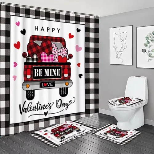 Miniatura 5 de NBVKO Juego de 4 cortinas de ducha de San Valentín con diseño de amor y rosas, tapetes antideslizantes, cubierta de la tapa del inodoro y alfombra