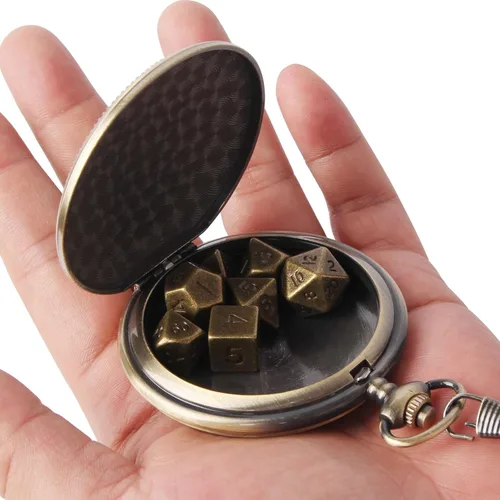 Miniatura 6 de Juego de dados DND diminutos de 0.394 in con funda de reloj de bolsillo vintage, juego de dados D&D de metal poliédrico para Dungeons and Dragons