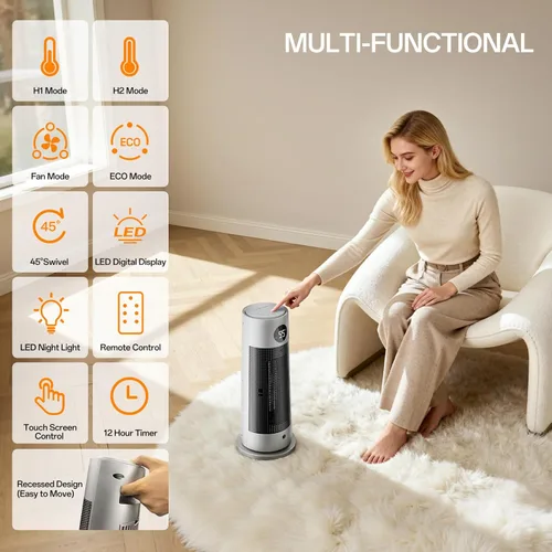 Miniatura 8 de Calentadores de espacio para uso en interiores, calentador eléctrico portátil con luz nocturna, calentador de cerámica PTC de 1500 W con 4 modos