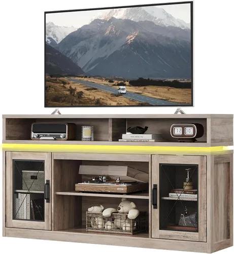 Miniatura 10 de WLIVE Farmhouse TV Stand for TVs Up to 65 Inches, Tall Entertainment Center with Storage Cabinets & LED Lights, Media Console for Living Room