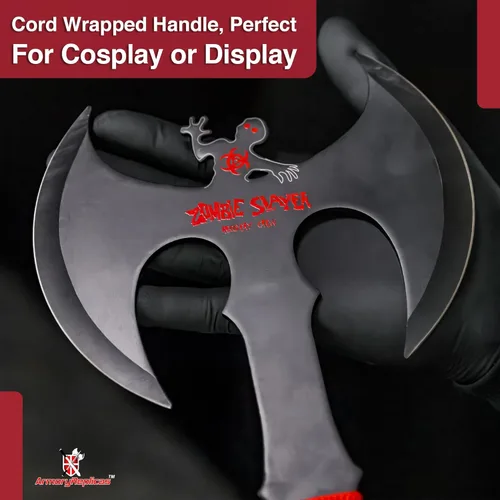 Miniatura 6 de Armory Replicas Hacha de lanzamiento de doble cabeza: hacha de acero inoxidable anodizado negro de espiga completa con envoltura y funda de nailon
