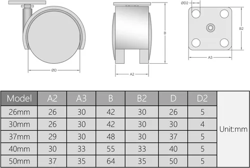Miniatura 5 de 10 ruedas giratorias de nailon de 360 grados superior montado rueda rueda rueda rueda para silla de oficina estante de productos básicos, 1.18