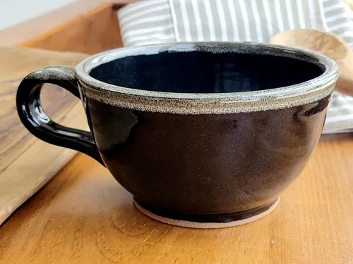 Miniatura 6 de Juego de 2 cuencos de sopa estilo granja con asas, grandes profundos, tazas colgantes de cocina, decoración de cerámica hecha a mano