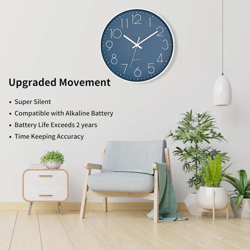 Miniatura 3 de Foxtop - Reloj de pared de cuarzo redondo moderno, silencioso, sin tictac, funciona con pilas, decorativo, para dormitorio, cocina, hogar, oficina