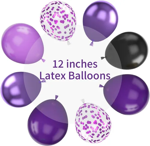 Miniatura 3 de Globos morados y negros, metálicos, 12 pulgadas, globos de látex de confeti morado para Halloween, cumpleaños, bodas, graduaciones, decoraciones