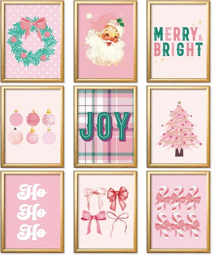 Impresiones artísticas de pared de Navidad color rosa, pósteres vintage de árbol de Navidad de Papá Noel, arte de pared de papel brillante para sala