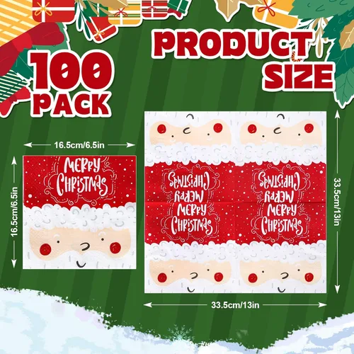 Miniatura 2 de Whaline Paquete de 100 servilletas de papel con diseño de Papá Noel, servilletas desechables rojas y blancas para el almuerzo, servilletas