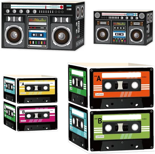 8 piezas de centros de mesa de casete retro de los años 80, decoración de cubo de vuelta a los años 80 y 90 Hip Hop Radio tema cajas palomitas