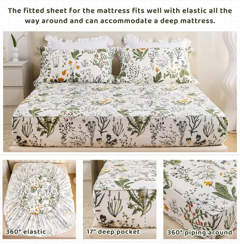 Miniatura 4 de QSH Sábanas 100% Algodón para Cama Tamaño Queen, Patrón Botánico de Plantas con Flores Amarillas, Sábanas de Cama Florales Impresas de Algodón