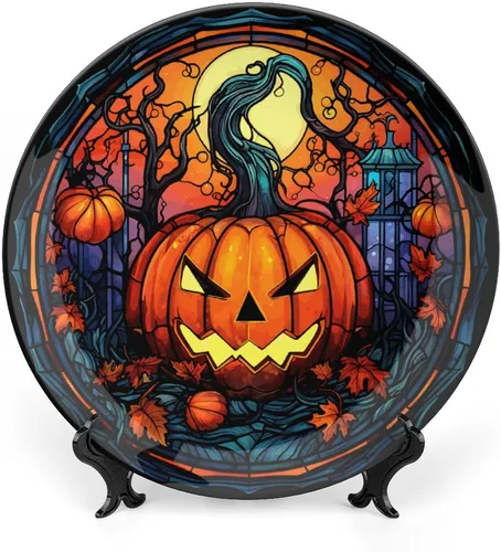 Platos decorativos de Halloween, calabaza en el bosque, 31 de octubre por la noche, vitral, plato de cena de cerámica con soporte de exhibición,