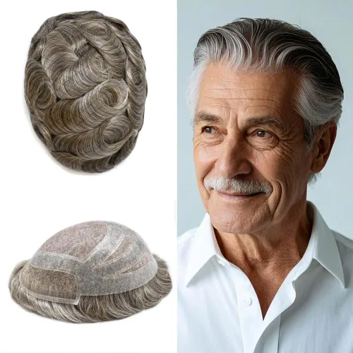 Miniatura 32 de Sistema de repuesto de piezas de cabello humano tipo tupé para hombre, transpirable, encaje francés, peluca para hombre, peluca de piel de #1B Negro
