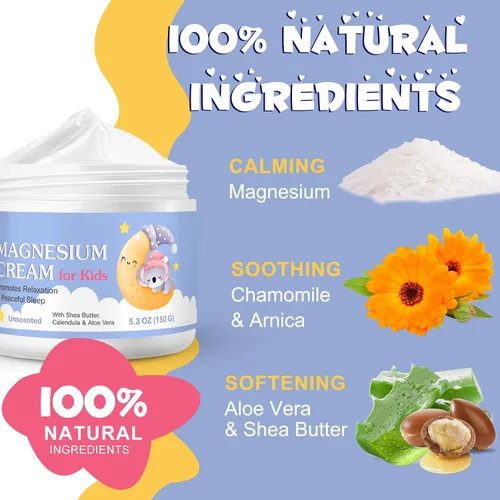 Miniatura 3 de Crema de magnesio para niños, loción de aceite de magnesio para relajación ósea y muscular, calma y nutre la piel con caléndula, aloe vera, manteca