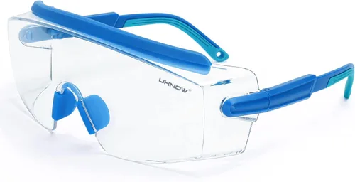 UKNOW Gafas de Seguridad Sobre Lentes, Gafas de Seguridad Antiempañamiento con Lente Envolvente Transparente, Gafas Protectoras ANSI Z87.1 Azul
