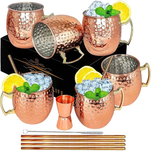 LINALL Moscow Mule - Juego de 6 tazas de acero inoxidable chapadas en cobre de 18 onzas, para bebidas frías (paquete de 6)