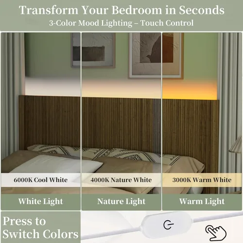 Miniatura 6 de Cabecera tamaño Queen solamente, moderna cabecera acanalada montada en la pared con iluminación, cabecera de cama de madera bohemia elegante Natural