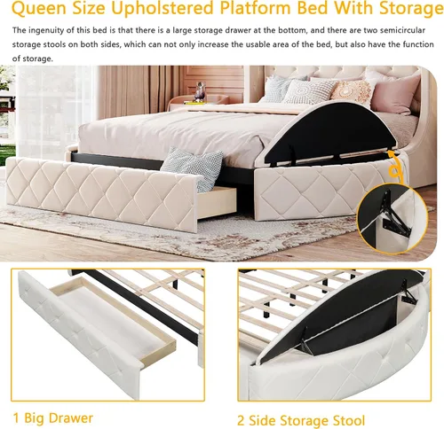 Miniatura 4 de Bellemave Cama de plataforma tapizada de terciopelo con almacenamiento, marco de cama tamaño Queen con cabecero, 1 cajón grande y 2 taburetes