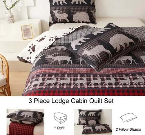 Miniatura 7 de Juego de edredón de tamaño queen, juego de colcha rústica para cabaña de cabaña, color rojo y negro, colcha reversible reversible colcha ligera