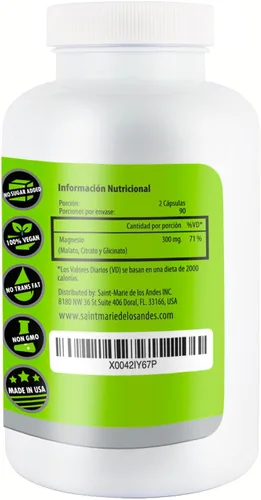 Miniatura 2 de Suplemento complejo de magnesio (glicinato, citrato y malato) – 180 cápsulas (suministro para 90 días) – 300 mg de magnesio por porción – Vegano