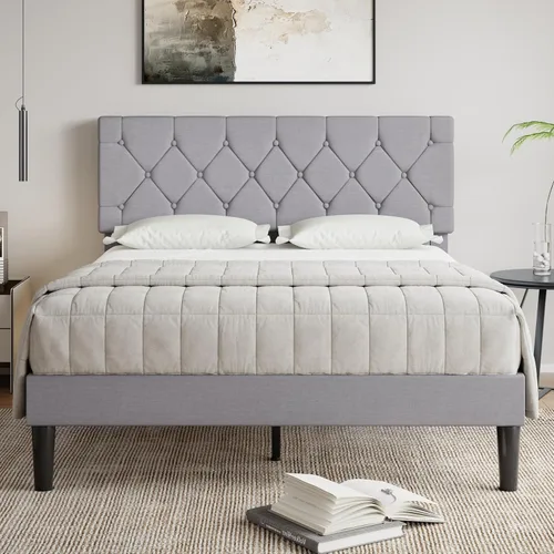 Miniatura 13 de VECELO Base de cama tamaño individual con cabecera capitoné con botones, base de cama tapizada con soporte de listones de madera, no necesita Beige