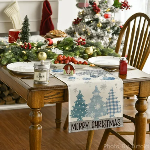Miniatura 4 de Artoid Mode - Camino de mesa de Navidad con pinos azules, decoración navideña para mesa de comedor de 13 x 36 pulgadas