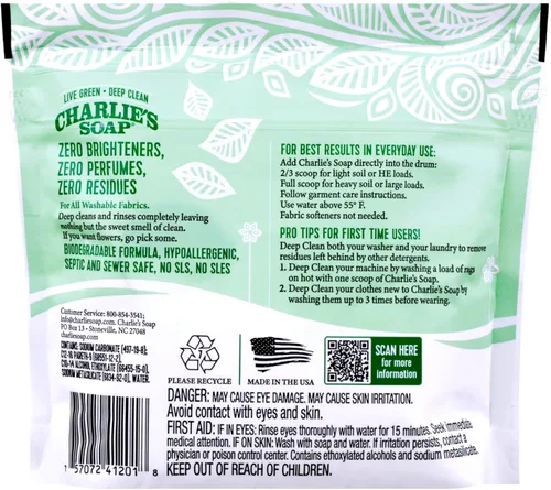 Miniatura 2 de Charlie's Soap Polvo de lavandería (50 cargas, 1 unidad) Detergente hipoalergénico en polvo de limpieza profunda – Respetuoso del medio ambiente
