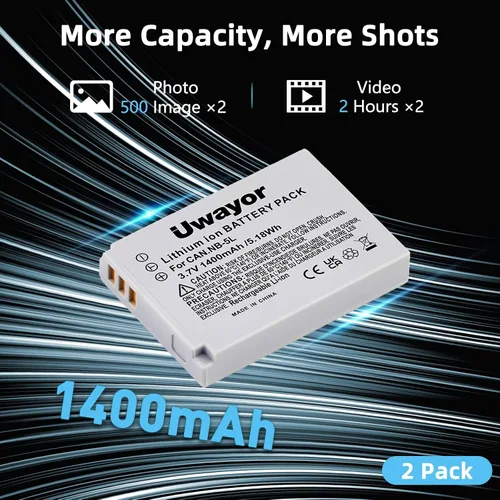 Miniatura 3 de Paquete de 2 baterías NB-5L y cargador dual para Canon Powershot S100, S110, SD700IS, SD790IS, SD850IS, SD870IS, SD880IS, SD890IS, SD900IS, SD950IS
