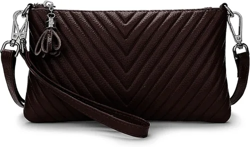 Miniatura 2 de YALUXE Cartera de cuero real con borla de cheurón grande en V con correa para el hombro